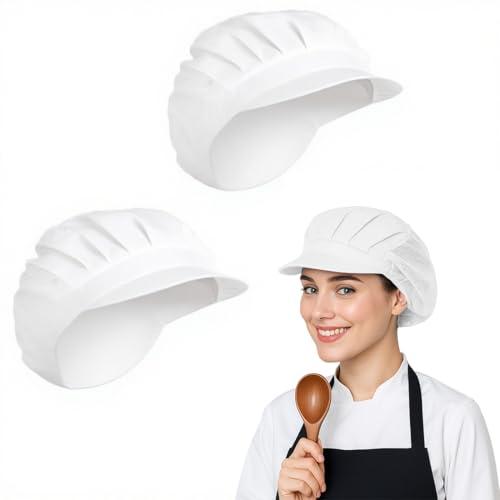 COYUN 2 pcs cappelli da chef elastici da cucina, cappelli da cuoco, cappello da cuoco traspirante, cappello da chef elastico regolabile con tesa, cappello da cuoco da donne e uomini con tesa, Bianco