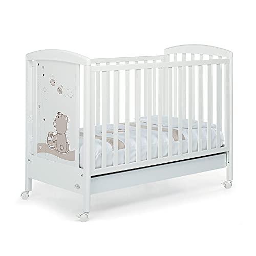 Foppapedretti Lettino con Sponda Regolabile Golosone, Legno di Faggio, Made in Italy, Rete a Doghe di Faggio, Ampio Cassetto, Regolabile a Doppia Altezza, 4 ruote, 131x71x103 cm, Bianco