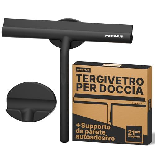 Minismus Tergivetro per Doccia in Silicone - Pulisci Vetri Porte e Finestre - Tergivetro Doccia – Pulisci Doccia Vetro e Specchi - Senza Foratura, Supporto Magnetico Autoadesivo (Nero, 21 cm)