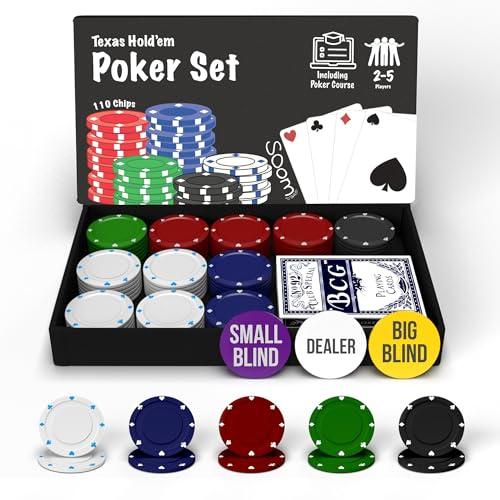 Soom Games - Set Poker per 2-5 Giocatori, Include 110 Chips, Pulsanti Big Blind e Small Blind, Pulsante Dealer, Carte da Gioco per Texas Holdem, Kit Poker Completo