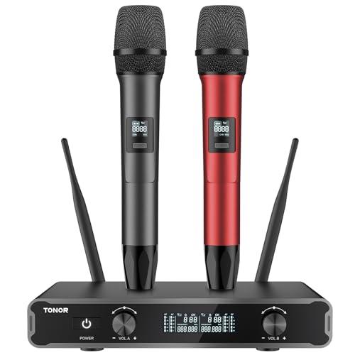 TONOR Microfoni senza fili, Cordless Dual Handheld Dynamic Karaoke Singing Mic System con Ricevitore per Karaoke, Home KTV, Matrimonio, Festa, Chiesa, 2x5 UHF Frequenze Regolabili 60M