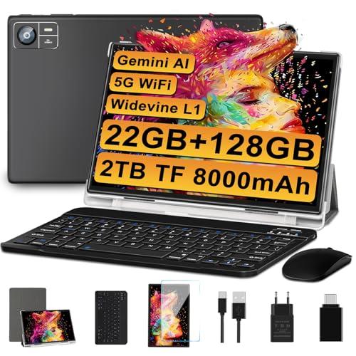 SUAAT Tablet Android 22GB RAM+128GB ROM(2TB TF),tablets10 Pollici, 8000 mAH,Octa-Core T606,2.0Ghz, WiFi5G+2.4G, GPS, 8MP + 5MP, Bluetooth 5.0, Cast, Tablet PC con Custodia, Tastiera e Mouse, Nero