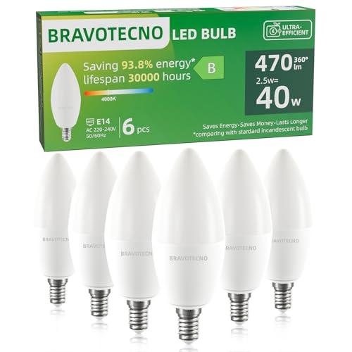 bravotecno Lampadine LED E14, Classe Energetica B, E14 LED Luce Naturale 4000K, 2,5W 470LM C37, Equivalente a 40W, Angolo di Illuminazione 360°, Non Dimmerabile, Basso Calore & Lunga Durata, 6 Pezzi