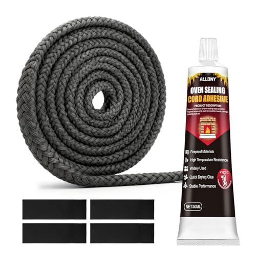 ALLONY Silicone Nero, 2.5m Guarnizione Stufa a Pellet, 50ML Silicone Alte Temperature, Cemento Refrattario per Caminetti, Stufa, Forni, 10mm Corda Guarnizione Stufa, Set di Riparazione per Camino