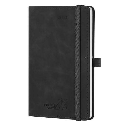 POPRUN Agenda Settimanale 2026 Piccola 16 x 10,5 cm, 1 Pagina a Settimana con 1 Pagina di Appunti, Copertina Morbida in Pelle PU, Carta Spessa da 100 GSM, Nero