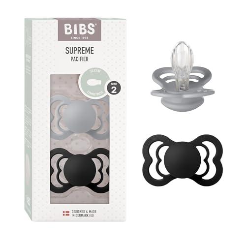 BIBS Ciuccio confezione da 2 pezzi. Privo di BPA, Tettarella simmetrica. Silicone, Prodotto in Danimarca. Taglia 2 (6-18 mesi), Cloud/Black