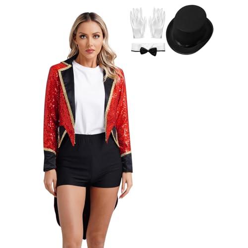 Jugaoge Giacca da donna con direttore del circo, con paillettes luccicanti frack e cappello, per feste di Natale, rosso, M