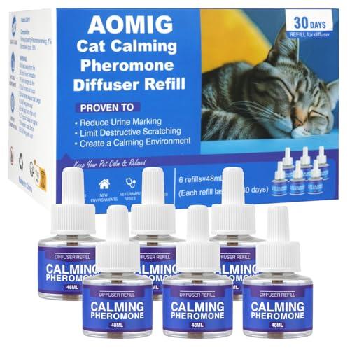 Aomig Calmante per Gattiper Antistress, 6 x Ricariche da 48 ml, Diffusore Calmante Gatti, Diffusore Feromoni per Gatti, Feromoni Felini Rilassanti e Tranquillanti per Gatti Irrequieti e Stressati