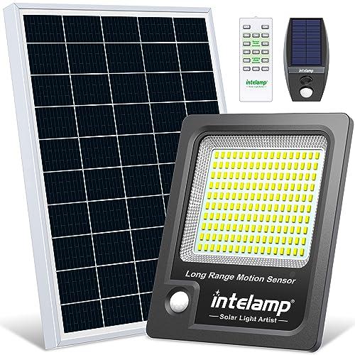 INTELAMP Faro Led Esterno Con Pannello Solare, 12000mAh Fari Solari a Led da Esterno 3000LM Impermeabile Lampione Solare Esterno con Telecomando e Sensore Crepuscolare,Funzione timer, cavo da 5M