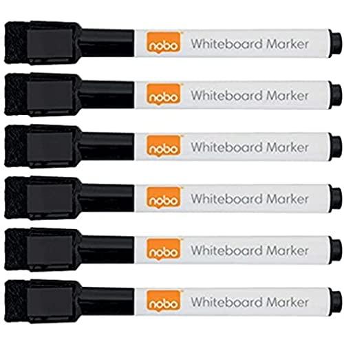 Nobo Set da 6 Mini Pennarelli per Lavagna a Punta Fine da 2 mm, Cappuccio con Gomma Magnetica Integrata, Cancellabili a Secco, Basso Odore, Nero