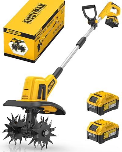 Alloyman Motozappa elettrica da 20V, fresa da giardino, batteria da 360 giri/min, con 2 batterie da 4,0 Ah e caricabatterie, larghezza di lavoro 23 cm, profondità 17 cm, Motozappa per terreni