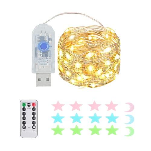 Luci a stringa a LED, 50 LED, funzione timer, 8 modalità Luci a stringa USB impermeabili per esterni/interni con telecomando per camera da letto, cortile, matrimonio, Natale, ecc. (bianco caldo)