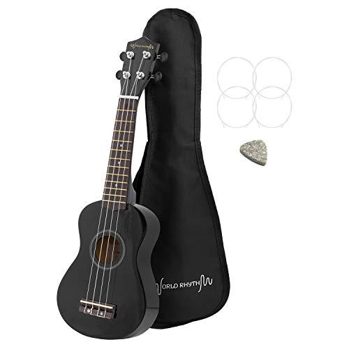World Rhythm - Ukulele Soprano per Principianti, Finitura Nera, Con Custodia, Corde Di Ricambio e Plettro In Feltro, Con Corde Aquila, Nero