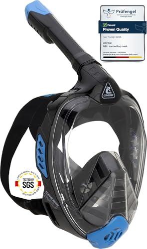 CRESSI Bali Full Face Mask Black/Blue S/M-Maschera Snorkeling Integrale Unisex, Lente Ultra Chiara Anti Fog, 100% Silicone, Snorkel Dry con Valvole Sicurezza, Supporto Action Cam, Nero/Blu, S/M
