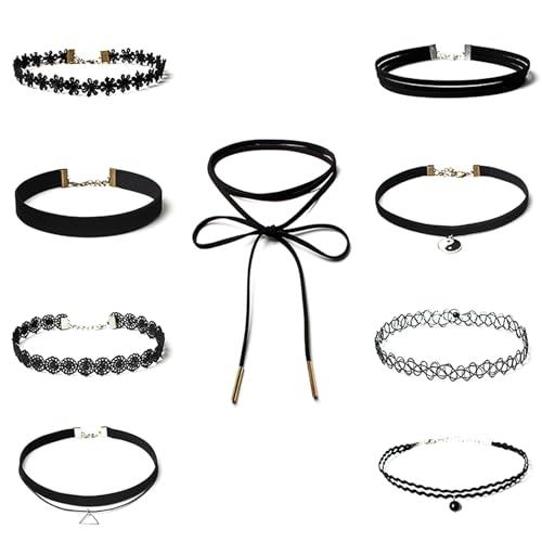 Febbya Set di Collane a Girocollo,9 Pack Choker Elasticizzato per Donne Ragazze Elastico Velluto Nero 28+7CM