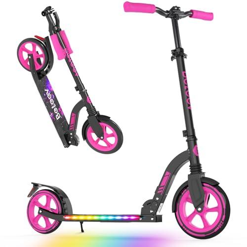 BELEEV V10 Monopattini bambini 2 Ruote Pieghevole con LED Illuminate Deck, Ruote Grandi 230mm, 5 Altezza Regolabile, Cinghia di Trasporto Big Wheels City Scooter per 6+ Bambini e adulti fino 100 kg