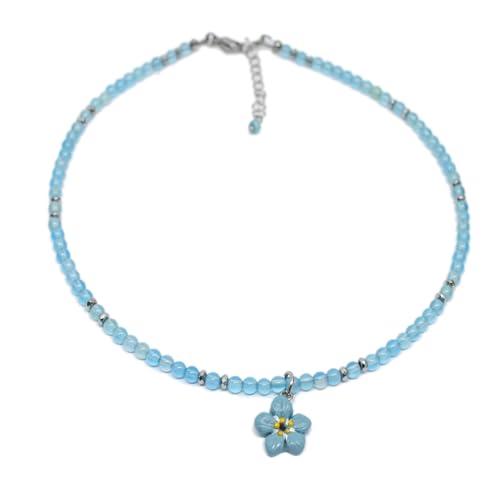 Collana girocollo donna con perle di agata azzurra da 4 mm e fiore non ti scordar di me