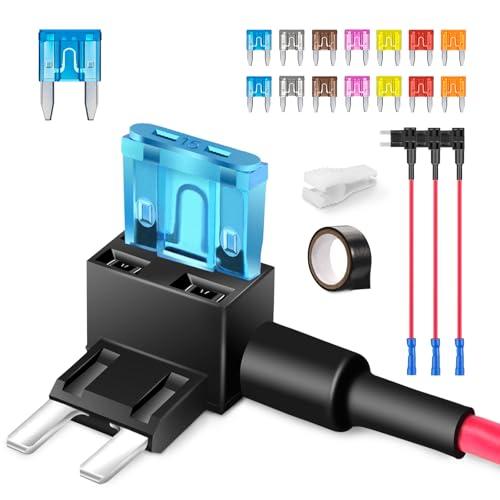 JOREST 4Pcs 16AWG Portafusibil Rubacorrente Fusibile, 12V-32V Add-a-Circuit Portafusibili avec 14Pcs Mini (2A 3A 5A 7.5A 10A 15A 20A) Fusible Auto+Nastro adesivo+Estrattore