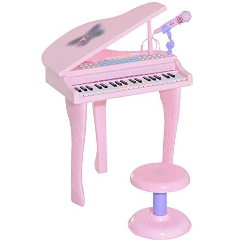 HOMCOM Pianoforte Giocattolo per Bambini , Strumento Musicale Elettrico con 37 Tasti Luminosi, Microfono e Sgabello Inclusi, 48x39x69 cm, Rosa