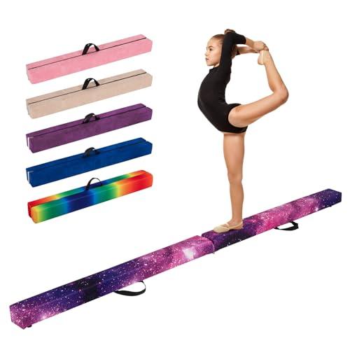 COSTWAY Trave Ginnastica Artistica per Casa 210/240/270 cm, Trave Pieghevole per Bambini con Maniglia, Base in Legno e Fondo Antiscivolo, Trave di Equilibrio da Pavimento (270 cm,Viola e Rosa)