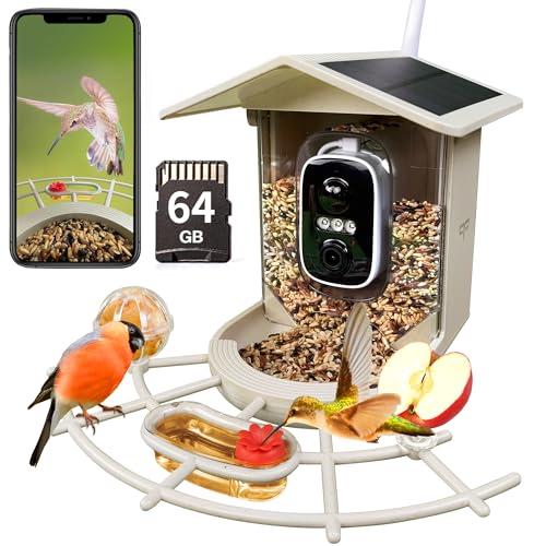 Origem Mangiatoia Per Uccelli Paglia di Grano con Telecamera e 64GB SD, Video 2K HD AI Identifica, 1.7L IP66 5200mAh Energia Solare Esterno Casetta Anti-scoiattolo per Cortile Fattoria Giardino Bosco