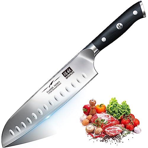 SHAN ZU Coltelli da Cucina Giapponese 18 cm Coltello da Chef Santoku Sovrapposti 3 Strati di Acciaio German Acciaio Inox Coltello da Cucina Affilata Coltello Multiuso con Manico in legno di Pakkawood