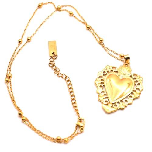 Collana in acciaio cuore sacro e catena rosario (ORO)