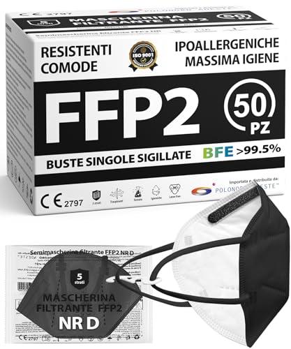 ADESTE - 50 Mascherine FFP2 NR D Nere Certificate CE, Filiera controllata, anallergiche, con elastici comodi e resistenti. Sicura: capacità filtrante >99,5%, Buste singole sigillate