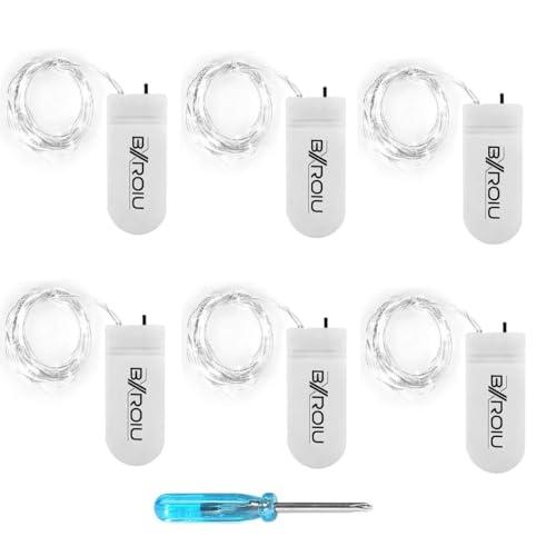 BXROIU 20 LED Stringa Luci a Batteria CR2032 (includere), Ghirlanda in Filo d'Argento da 2 Metri, Catena Luminosa Ideale per Feste, Matrimoni e Decorazioni Natalizie (bianco freddo, 6 Pezzi)