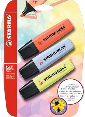STABILO BOSS ORIGINAL Pastel - Evidenziatore - Pack da 3 - Rosa Corallo/Azzurro Ghiaccio/Lime