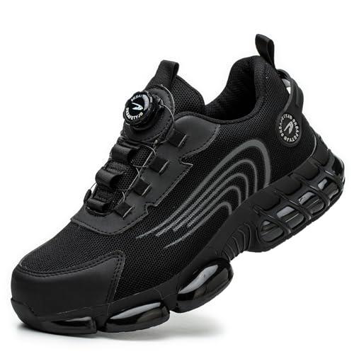 GemChve Scarpe Antinfortunistiche Uomo Donna Leggere Traspiranti Sneakers Antiscivolo Scarpe Sicurezza con Punta in Acciaio Regolazione Rapida dei Lacci Black 43 EU