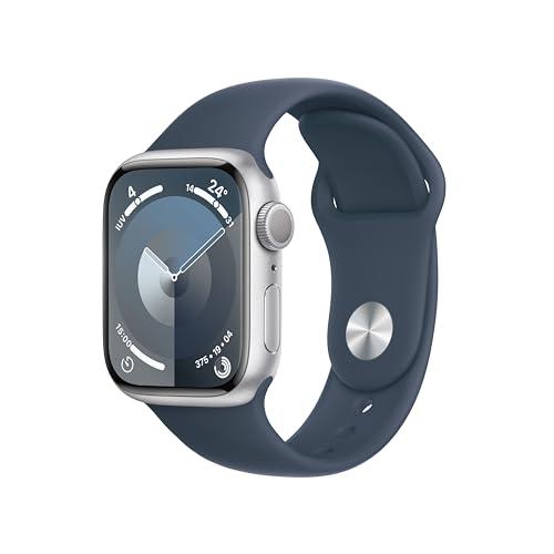 Apple Watch Series 9 GPS 41mm Smartwatch con cassa in alluminio color argento e Cinturino Sport blu tempesta - S/M. Fitness tracker, app Livelli O₂, display Retina always-on, resistente all’acqua