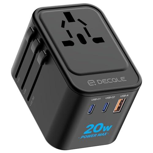 decqle Adattatore Universale da Viaggio, Presa Universale da Viaggio con 2 USB-C(PD 20W) e 1 USB-A e 1 AC, Adattatore da Viaggio Italia Inghilterra Germania America Australia e 224+ Paese(nero)