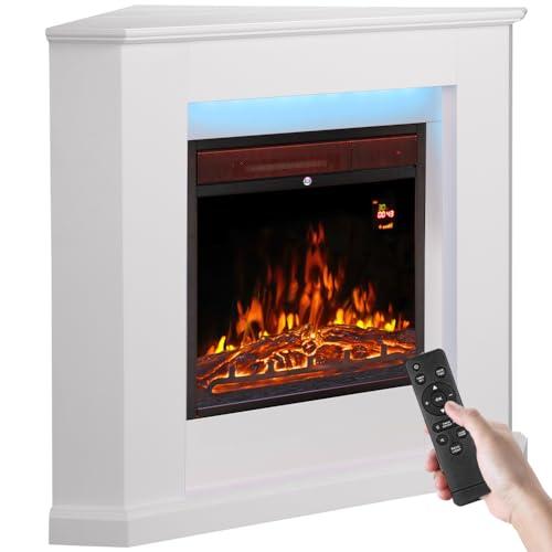 Bakaji Camino Elettrico Angolare con Cornice Legno Caminetto 2000W Completo di Mobile ad angolo, Silenzioso Design Moderno, Stufa a parete da Incasso con Led a 7 Colori (Zurigo)