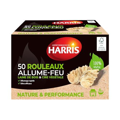 HARRIS - 50 rotoli di accensione fuoco - 100% naturale - Lana di legno e cera - Accensione rapida - Ultra efficace - Custodia in cartone richiudibile - Legno FSC - Produzione francese - x50