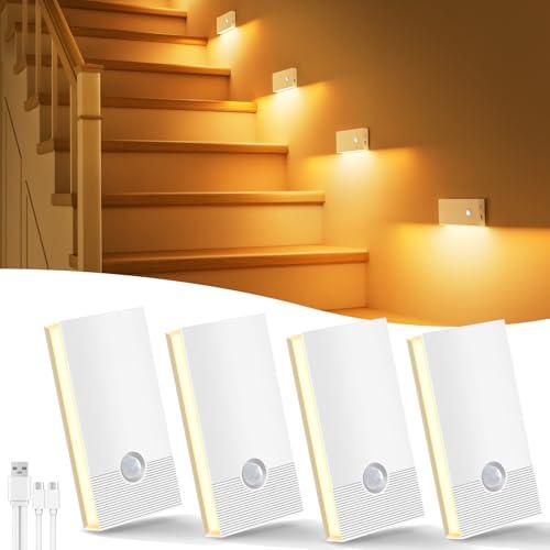 Swoieltr Luce Notturna con Sensore di Moviment, 4 Pezzi Ricaricabile Luce Notturna a Led ON/OFF/AUTO Modalità, 2700K Bianco Caldo Luce Bambini per Scale Corridoio Camera da Letto Soggiorno