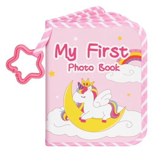 Lanpn Album Fotografico Bambino 10x15 17 Fotos, Baby Photo Album Libro Foto in Tessuto per Memorizzare Volti e Imparare Nomi, Portafoto Neonato Battesimo Nascita Bimba Ragazza Regalo, Unicorno