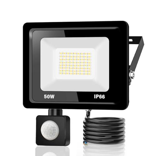 Jefedana 1*Faretto LED da Esterno con Sensore di Movimento 50W 5000LM Faro LED Esterno IP66 Impermeabile LED Esterno Bianco Freddo 6000K Lampada a Rsparmio LED per Cortile, Campo da Basket