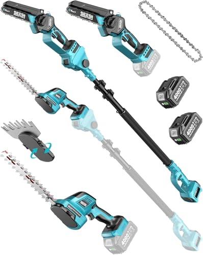SEESII 6-in-1 Mini Motosega & Tagliasiepi a Batteria, con 2*4000mAh Batterie, Motosega Elettrica con Asta Telescopica, Portata Massima fino a 4,57 m, Adatto per Manutenzione Giardino e Disboscamento