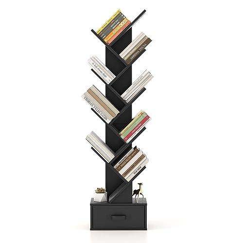 COSTWAY Libreria ad Albero in Legno, Scaffale a 10 Ripiani con Cassetto, Portaoggetti Autoportante per Soggiorno, Studio e Ufficio, 38 x 21,5 x 149,5 cm (Nero)