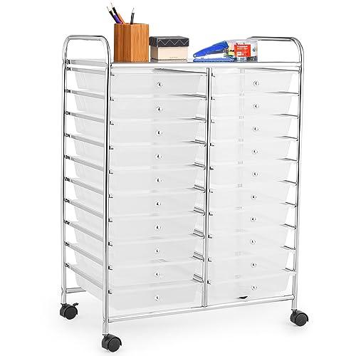COSTWAY Carrello di Stoccaggio con 20 Cassetti, Carrello portaoggetti con 4 Ruote, Carrello Multiuso per Scuola Ufficio Cucina, 64 x 39 x 88 cm (Trasparente)