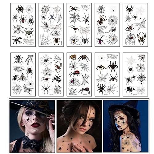 Halloween Tatuaggi Temporanei Ragni, 10 Fogli Ragno Tatuaggio Temporaneo,Ragnatela Tatuaggi temporanei per Halloween Mascherata Carnevale Costume Festa di Trucco