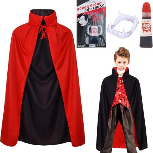 3Pcs Vampire Costume Kids Set, 120 cm di mantello da vampiro per Halloween con denti da vampiro e sangue finto, 9-12 anni mantello nero rosso da vampiro, mantello da dracula, costume di Halloween