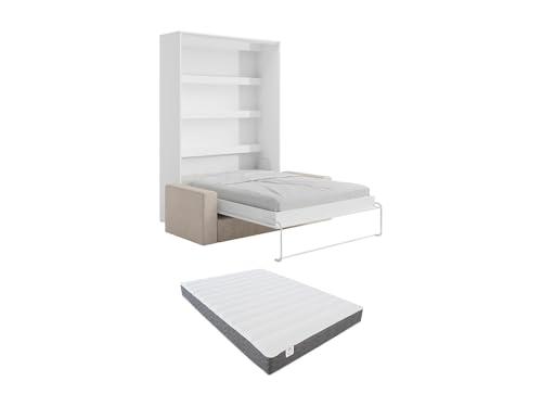 Vente-unique - Letto a scomparsa 160x200 cm - apertura verticale manuale - con led - bianco e naturale + divano in tessuto a coste beige + materasso - Rapili