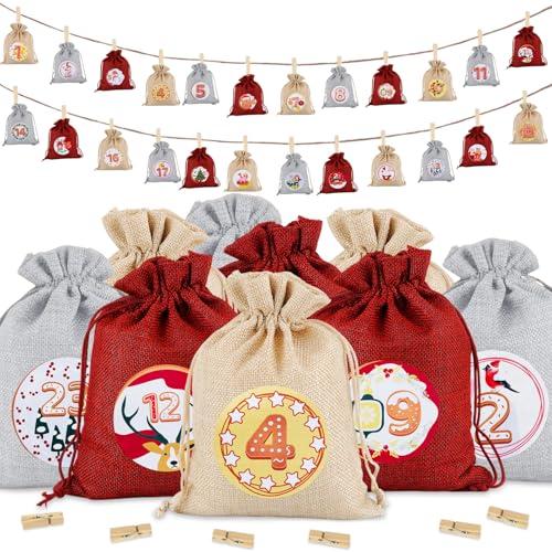 regalo Calendario dell’Avvento da Riempire – 24 Sacchetti in Juta con Numeri Stampati – Calendario Natalizio Fai-da-te Riutilizzabile per Bambini e Adulti, Decorazioni per la Casa