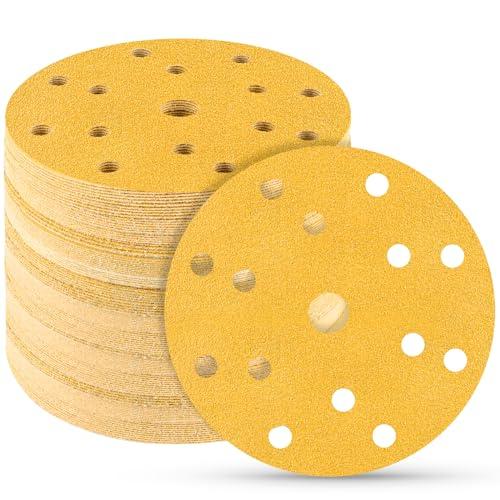 STEBRUAM 50 pezzi Dischi Abrasivi 150mm,100 Grana 15 fori set Fori Rotondi Carta Vetro 150 mm per Orbitale Levigatrice Giraffa per Legno,Metallo