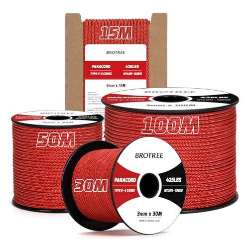 Brotree Paracord 3mm 15M Corda 100% Nylon Tipo II 3 Fili Corda Paracord 425 per Esterno, Artigianato, Fatto a Mano - 192 kg Carico di Rottura (Rosso)