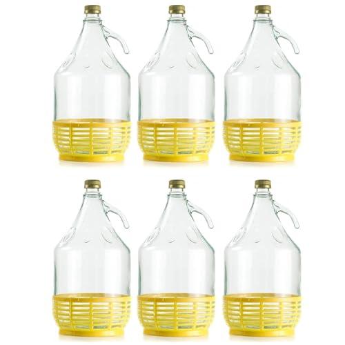Firmadigaranzia srl 6 x Damigiana, Fiasco, Bottiglie di Vetro, da 5 l, con Chiusura a Tappo VITE e cestello - Dama Vetro 5L per Acqua Vino Olio - BOCCIONE Vetro per STOCCAGGIO vino acqua olio