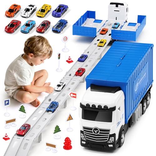 Transport Truck Toy Cars for Boys Aged 3, 4, 5, 6 Years, Portable Racing Track Truck Toy Car with 8 Racing Cars, Transporter Vehicle Toy Set for Children (Blu)