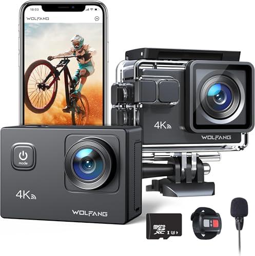 WOLFANG Action Cam GA100 4K 30FPS, 20MP Camera con 32GB MicroSD, Grandangolo 170° Fotocamera per Casco, Subacquea 40M Impermeabile Videocamera, EIS,Telecomando2.4G, Mic Esterno,2x1050mAh Batterie